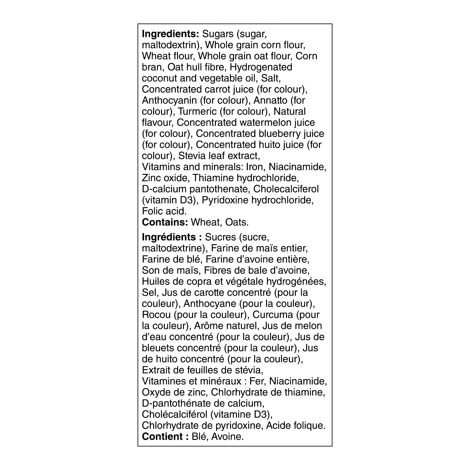 Ingredients label of Kellogg's Froot Loops Cereal, Family Size, 480g/1.06 lb., Box